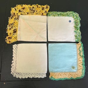 Irish Linen Hankies, Multicolored Hand Crocheted Lace Trim, Ladies Handkerchief