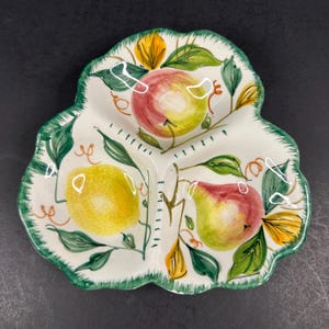 Vintage 3 Compartment Divided Dish w/ Apple, Pear, Lemon Handpainted in Italy