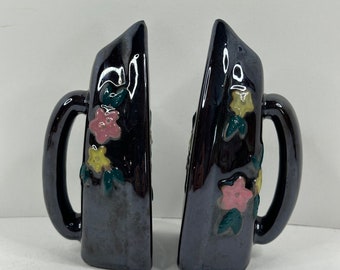 Vintage Black Floral Clothes Iron Shaped Redware Salt and Pepper Shakers