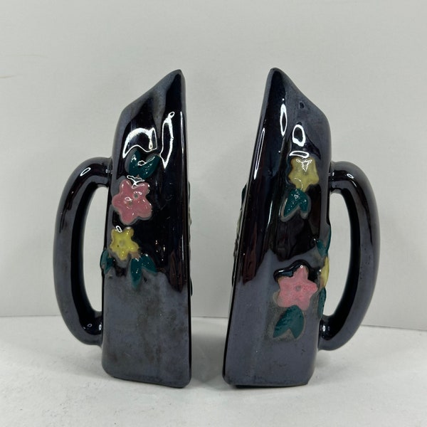 Vintage Black Floral Clothes Iron Shaped Redware Salt and Pepper Shakers