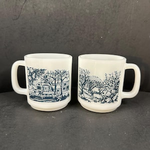 Vintage GLASBAKE Currier & Ives Farm Milk Glass Coffee Mugs Set of 2 Made In USA