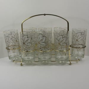 Set of 8 Vintage White Grape & Leaf Pattern Highball Glasses w/ Gold Carrier