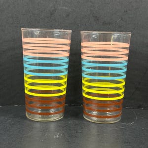 Set of 2 Vintage Retro Striped Tumbler Glasses in Pink, Turquoise, Yellow, Brown