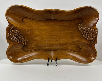 Mid Century Grapes Resin Faux Carved Wood Catchall Tray Trinket Dish
