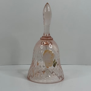 Fenton Pink Diamond Optic Glass 6.5&quot; Bell Hand Painted Butterfly Signed Freda L