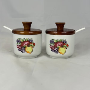Set of 2 Vintage Ceramic Jam Pots with Spoons and Wooden Lid, Fruit Harvest