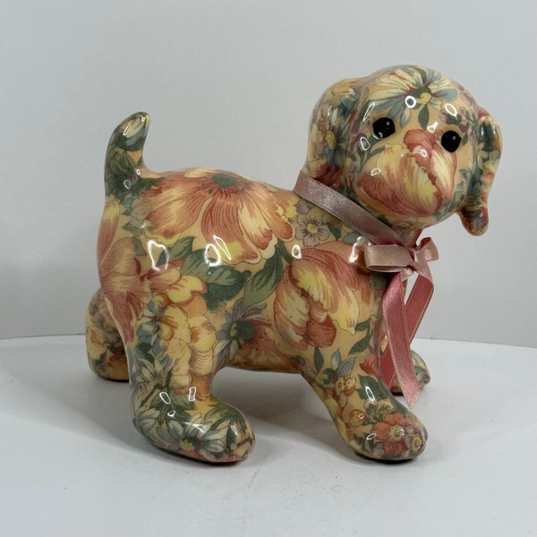 Floral Decoupage Porcelain Patchworks Puppy Dog Figurine by Joan Baker Designs