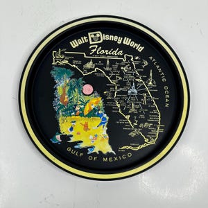Vintage des années 1970, Walt Disney World, plateau en métal noir et doré, carte souvenir de la Floride