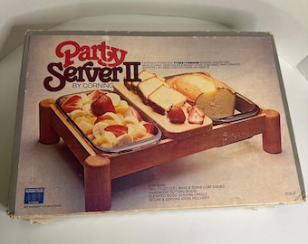 Party Server II by Corning, 2 Fireside Pyrex Loaf Pans with Wood Serving Cradle