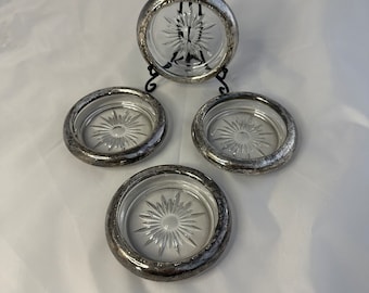 シルバーメッキとクリスタルのヴィンテージコースター。8面長方形の縁