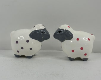 Vintage Sheep Salt and Pepper Shakers with Pink and Purple Polka Dots