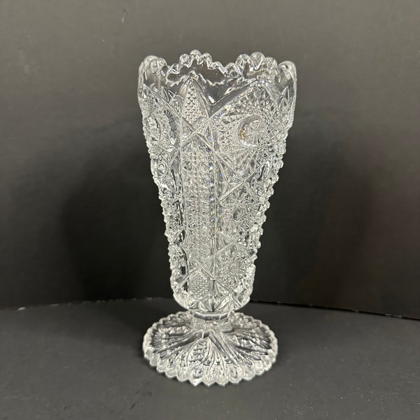 Imperial Hobstar/Cane Pressed Glass Clear Footed Flower Vase 6.5", Vintage