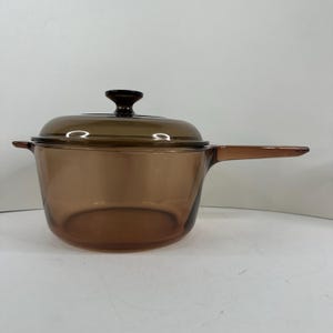 Vision Corning USA Amber V-2.5-B Saucepan with Pyrex lid Vintage 1980s