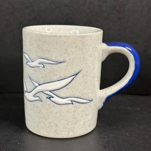 Vintage 1970s OTAGIRI Japan Speckled Seagulls Mug Birds Blue Coffee Tea Cup