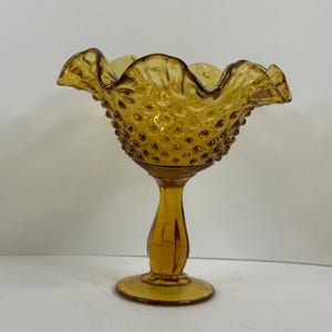Vintage Fenton Glass Amber Hobnail Ruffled Edge Pedestal Dish Compote