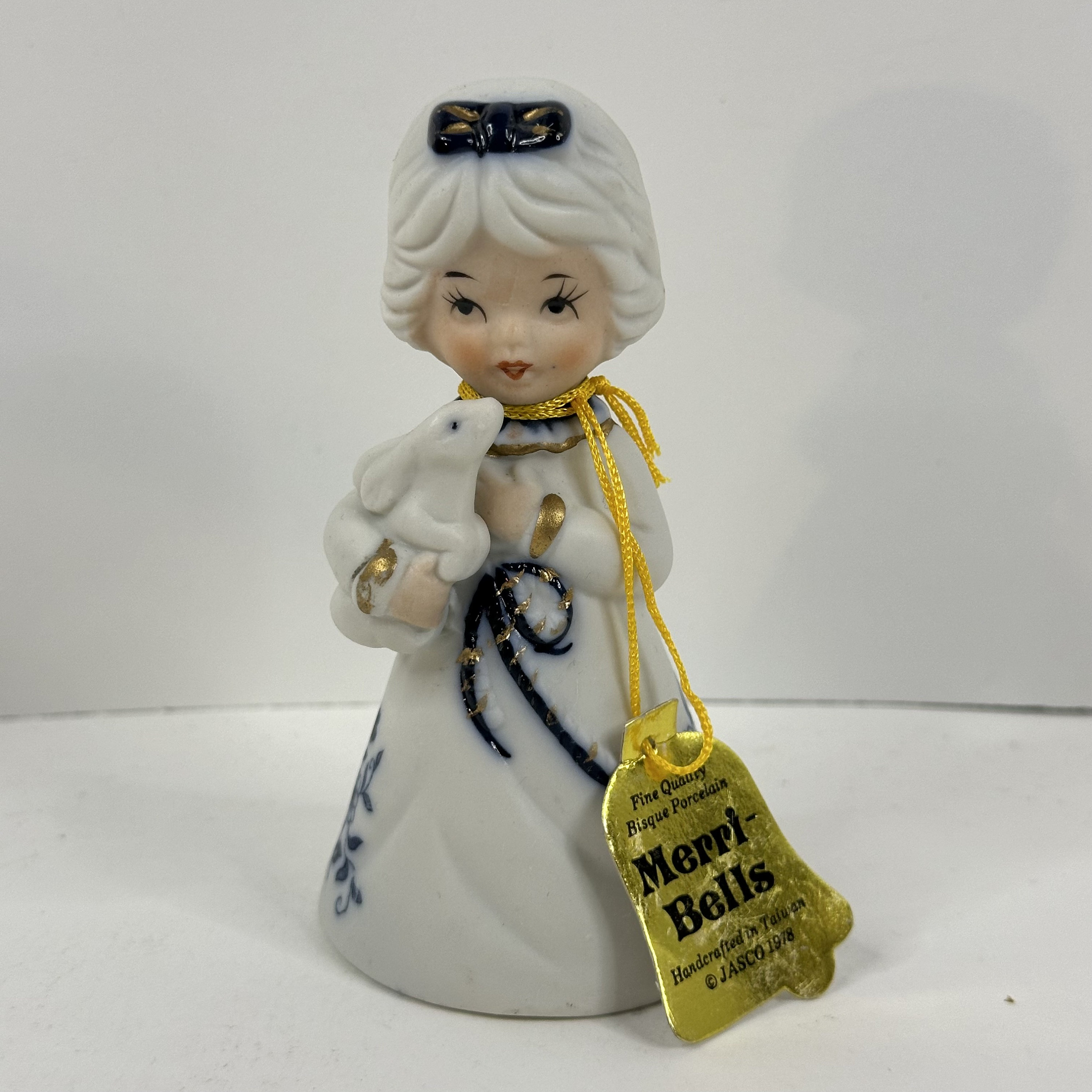 Jasco Merri-Bells Bisque Porcelain Girl with Bunny Bell Figurine Vintage 1978