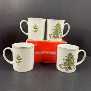 Vintage Holiday Hostess Christmas Mugs, Set of 4 Fine China Coffee Cups, Japan