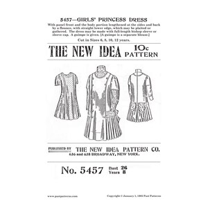 Op de afbeelding: Een vintage naaipatroon voor een prinsessenjurk voor meisjes. Het patroon is voor maten 6, 8, 10 en 12 jaar. Het patroon bevat een volant, bisschopmouwen en een guimpe. Het patroon is van The New Idea Pattern Co. en dateert van 1 januari 1985.