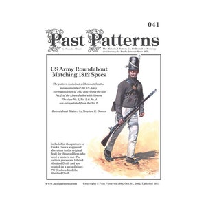 May include: A vintage illustration of a soldier in a US Army Roundabout uniform from 1812. The soldier is holding a musket and wearing a white hat with a black band. The illustration is from Past Patterns, a company dedicated to historical accuracy.