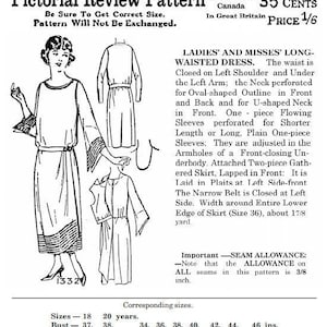 Past Patterns 1332 Download - Flapper Era Long-Waisted Dress Sewing Pattern bust 38 b38 Pictorial Review Pattern Co reproduction 1920s 20s