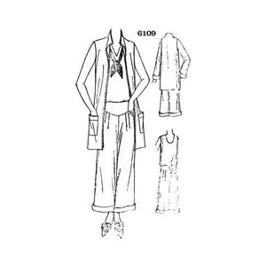 以下が含まれることがあります： 女性用衣料のパターンを白黒の線画で描いたものです。パターンには、ロングベスト、パンツ、ノースリーブトップが含まれています。パターン番号6109がページに印刷されています。