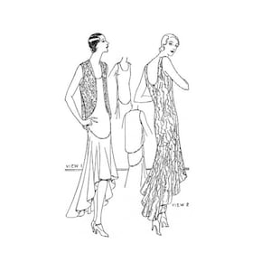 May include: A vintage illustration of two women wearing dresses with a high-low hemline. The dress on the left has a sleeveless vest. The dress on the right has a lace pattern. The illustration is labeled "View 1" and "View 2".