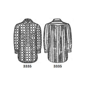 May include: A black and white line drawing of two shirts, one with a checkered pattern and the other with vertical stripes. The shirts are labeled with the number 3335.