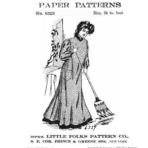 May include: Black and white illustration of a woman in a long dress sweeping the floor. The illustration is from a vintage sewing pattern for a dress, size 36 inches bust, titled "Martha Dean Paper Patterns" No. 6329. The pattern is from Little Folks Pattern Co., S. E. Cor. Prince & Greene Sts., New York.