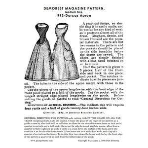 May include: An illustration from Demorest Magazine Pattern, featuring a Dorcas apron design. The image includes detailed diagrams and instructions for cutting and sewing the apron, with text describing the materials and measurements needed.