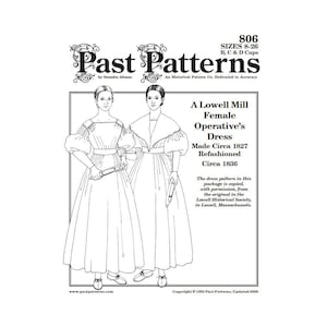 Tidigare mönster 0806 nedladdningar | Lowell bruksarbetarklänning 1820-1840-talen | Viktorianskt historiskt PDF-mönster från Regency-perioden | A0/A4/US/36"-format