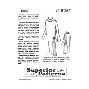 May include: Vintage sewing pattern for a dress with side fullness and a scarf collar. The pattern includes instructions and illustrations for sizes 34 to 48 bust. The Superior Patterns design is from Sears, Roebuck & Co.
