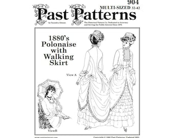 May include: A black and white line drawing of a vintage sewing pattern for a 1880's Polonaise with Walking Skirt. The pattern is for sizes 32-42 and is from Past Patterns, a company dedicated to accuracy and serving the public interest since 1979.