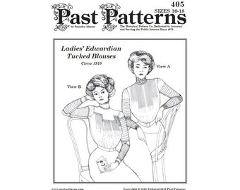 Past Patterns 0405 Download - Early 1910s Tucked Waist Sewing Pattern Sizes 10-18 | Edwardian Blouse Pattern | A0 A4 8.5x11 format PDFs