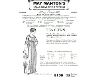 Past Patterns 8109 Download - Early 1910s Tea Gown with Two-Piece Skirt Pattern Bust 38 | A0 A4 8.5x11 format PDFs | May Manton reproduction