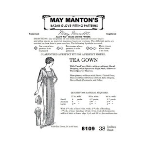 Past Patterns 8109 Download - Early 1910s Tea Gown with Two-Piece Skirt Pattern Bust 38 | A0 A4 8.5x11 format PDFs | May Manton reproduction