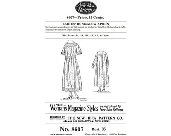 Modelli passati 8607 Download - Cartamodello per grembiule da bungalow, inizio XX secolo, busto 36 b36, riproduzione di New Idea Pattern Company, anni ’10, anni ’20