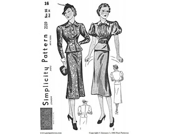 1930s Two-Piece Dress Sewing Pattern - Simplicity 2339 Bust 34 (Digital Download) | Past Patterns 2339