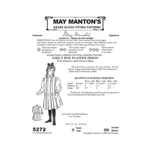Op de afbeelding: Een vintage naaipatroon voor een meisjesjurk met box-plooien. Het patroon is voor maten 4 tot 12 jaar oud en bevat instructies voor het knippen en naaien van de jurk. Het patroon is van May Manton's Bazar Glove-Fitting Patterns en dateert van 1 januari 1985. Het patroon kost 25 cent.