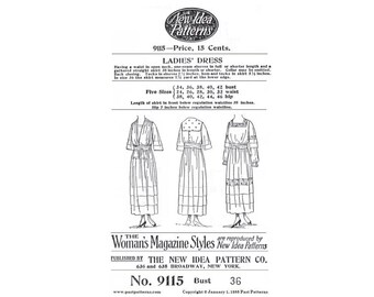 1910s Ladies Dress Pattern: Bust 36, New Idea Co. Reproduction (Digital Download) | Past Patterns 9115