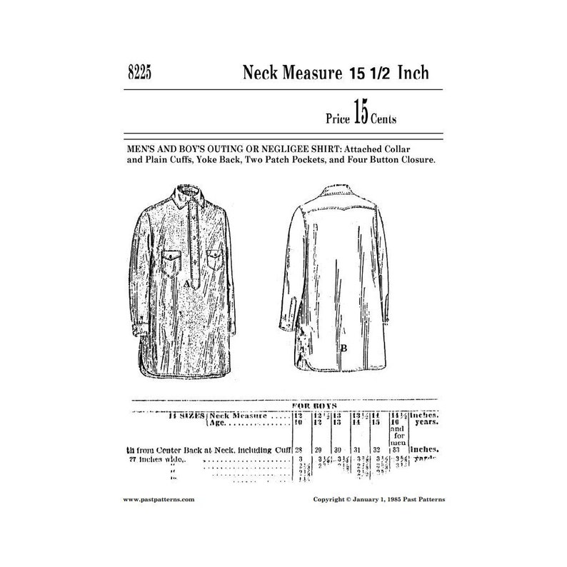 Past Patterns 8225 Download - 1920s Mens Outing Shirt Pattern 15 1/2 ...