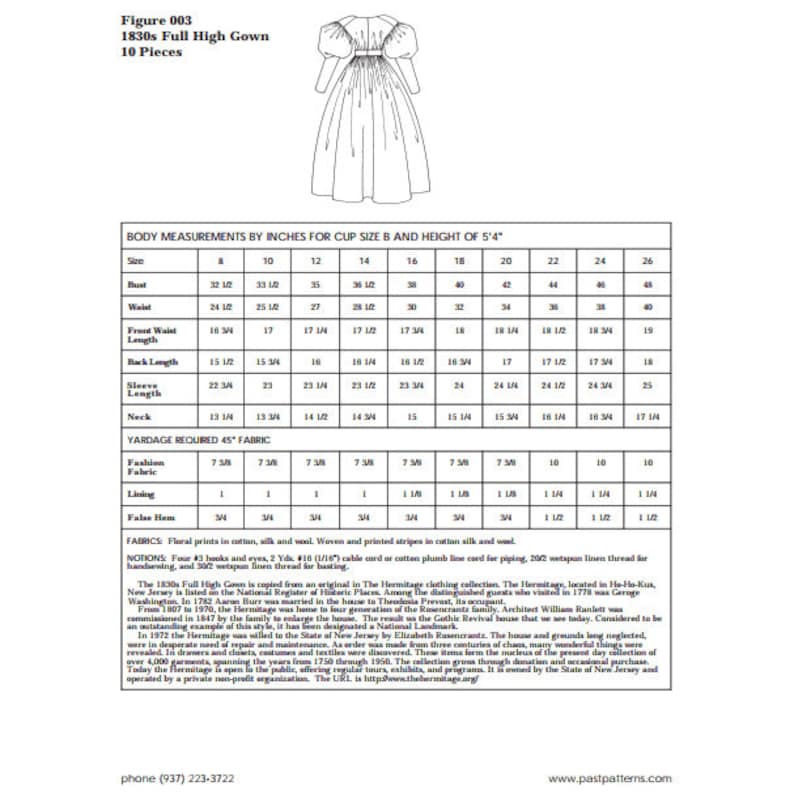 Past Patterns 0003 - 1830s Full High Gown Sewing Pattern | Regency Gown ...