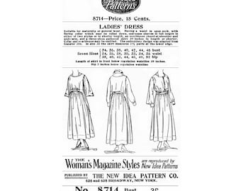 Past Patterns 8714 Download - Late 1910s Dress Pattern Bust 36 b36 New Idea Patterns Co Vintage Sewing Reproduction 10s Early 20th Century