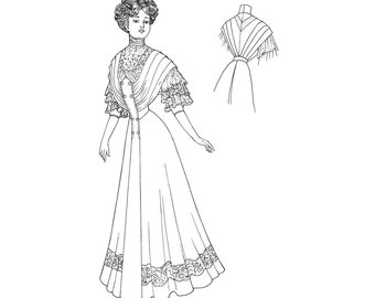 May include: Line drawing of a vintage dress with a high collar, lace detailing, and a flowing skirt. The dress features a decorative shawl and button-down front. A smaller illustration of the shawl is also shown.