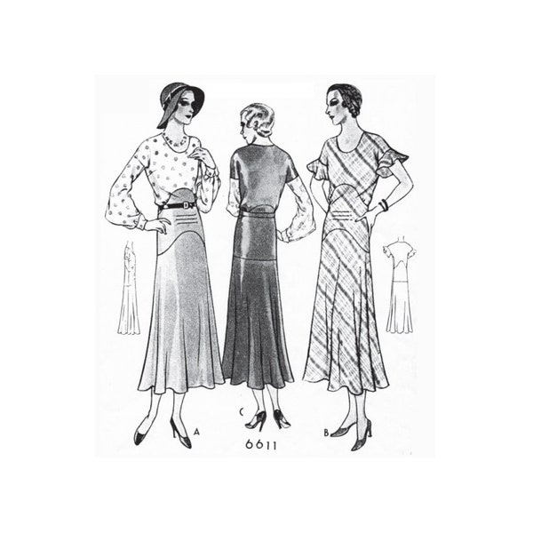 Past Patterns 6611 - Early 1930s Dress with Waist Yoke Sewing  bust 34 b34 Pattern MCCall Pattern Company reproduction 30s flared skirt