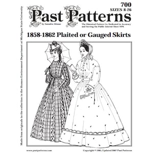 May include: Black and white line drawing illustration of two women wearing 1858-1862 era dresses. The women are wearing long-sleeved dresses with full skirts. One woman is holding an umbrella and the other is holding a fan. The image is from Past Patterns, a company that specialises in historical patterns. The text "1858-1862 Plaited or Gauged Skirts" is included in the image.