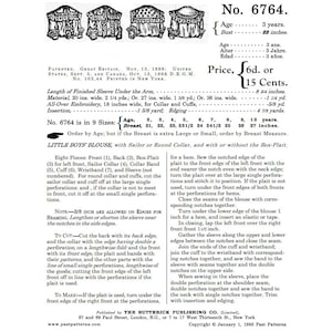 May include: A black and white vintage sewing pattern document for a little boys' blouse, No. 6764, featuring illustrations of four collar styles, detailed cutting and assembly instructions, fabric requirements, and sizing charts for ages 2 to 10 years.