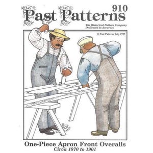 May include: A vintage sewing pattern illustration showing two men wearing one-piece overalls. The men are working on a wooden plank with a hand plane. The pattern is for a one-piece apron front overalls, circa 1870 to 1901.  Past Patterns, The Historical Pattern Company, Dedicated to Accuracy.  Past Patterns July 1997.