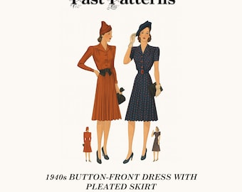 1940s Button-Front Dress Sewing Pattern: Pleated Skirt, Bust 38 (Digital Download) | Past Patterns 3573