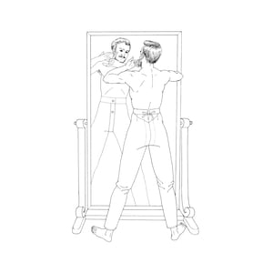 May include: A black and white line drawing of a person standing in front of a mirror, looking at their reflection. The person is wearing pants and has their arms raised.