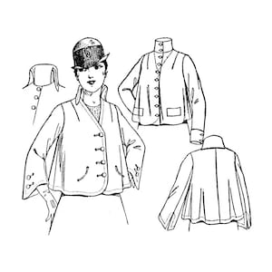 May include: A black and white line drawing of a vintage women's jacket pattern. The jacket has a collar, buttons, and a pocket. The pattern is shown in three different views: front, back, and side.